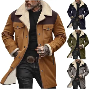 Muscularfit Faux Leather Long Trench Coats Men Vintage Suede Jacket Plush Collar Coats Zip Up Sherpa Motorcycle Jacket Coats