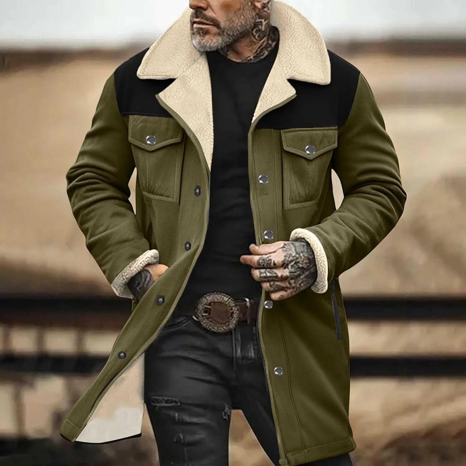 Muscularfit Faux Leather Long Trench Coats Men Vintage Suede Jacket Plush Collar Coats Zip Up Sherpa Motorcycle Jacket Coats