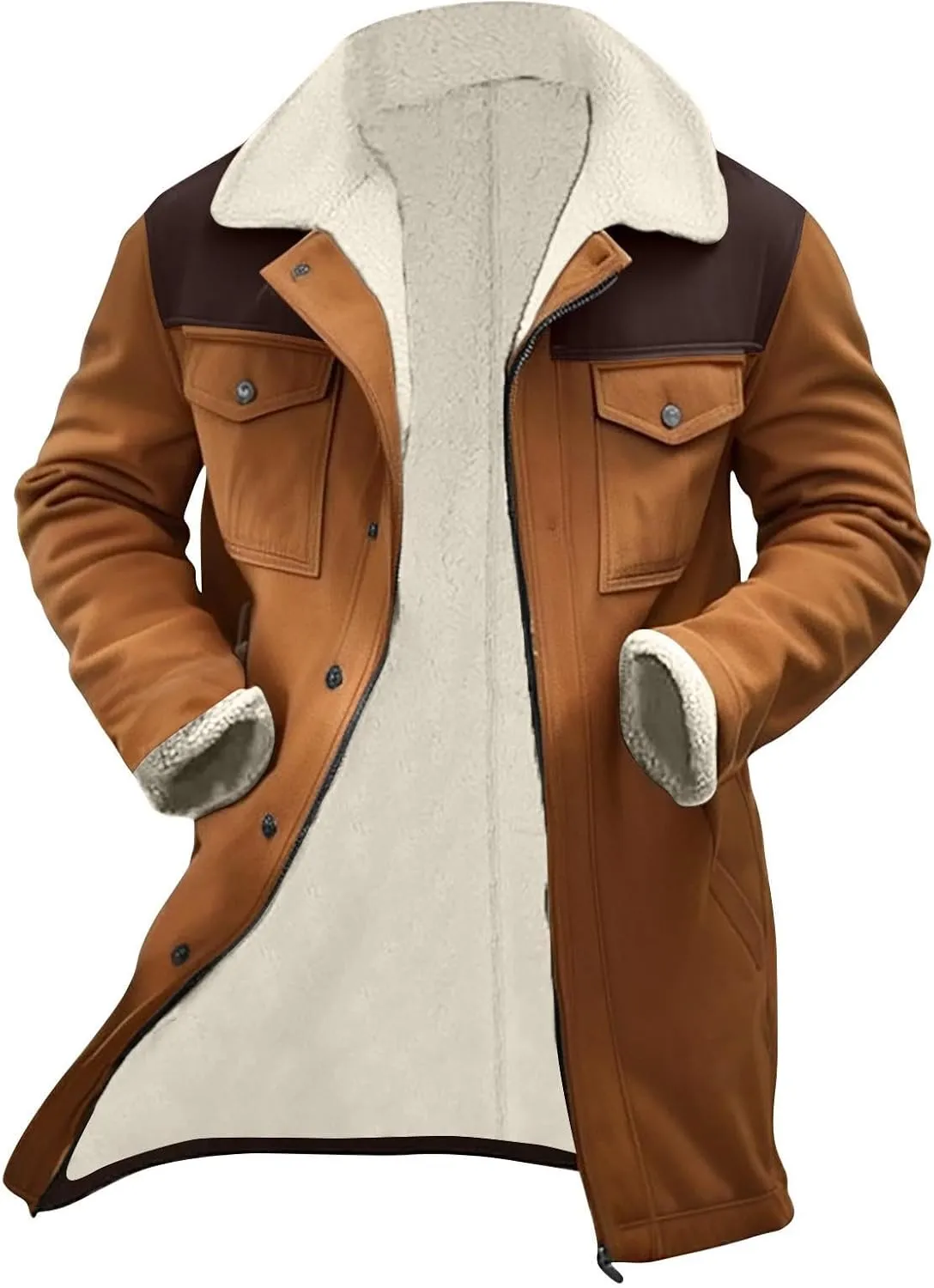 Muscularfit Faux Leather Long Trench Coats Men Vintage Suede Jacket Plush Collar Coats Zip Up Sherpa Motorcycle Jacket Coats