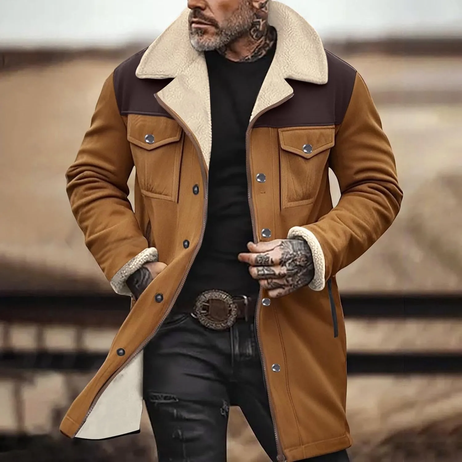 Muscularfit Faux Leather Long Trench Coats Men Vintage Suede Jacket Plush Collar Coats Zip Up Sherpa Motorcycle Jacket Coats