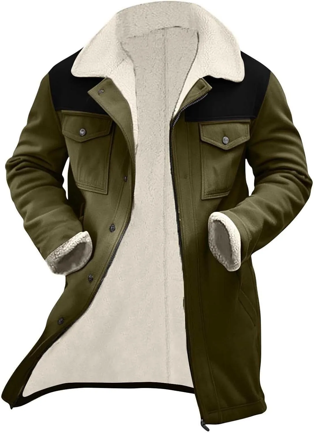Muscularfit Faux Leather Long Trench Coats Men Vintage Suede Jacket Plush Collar Coats Zip Up Sherpa Motorcycle Jacket Coats