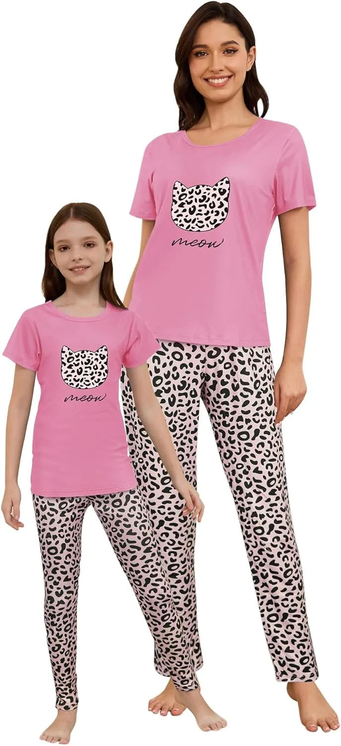 MyFav Mommy and Me Pajamas Heart Print Sleepwear Family Matching Short Sleeve Nightwear