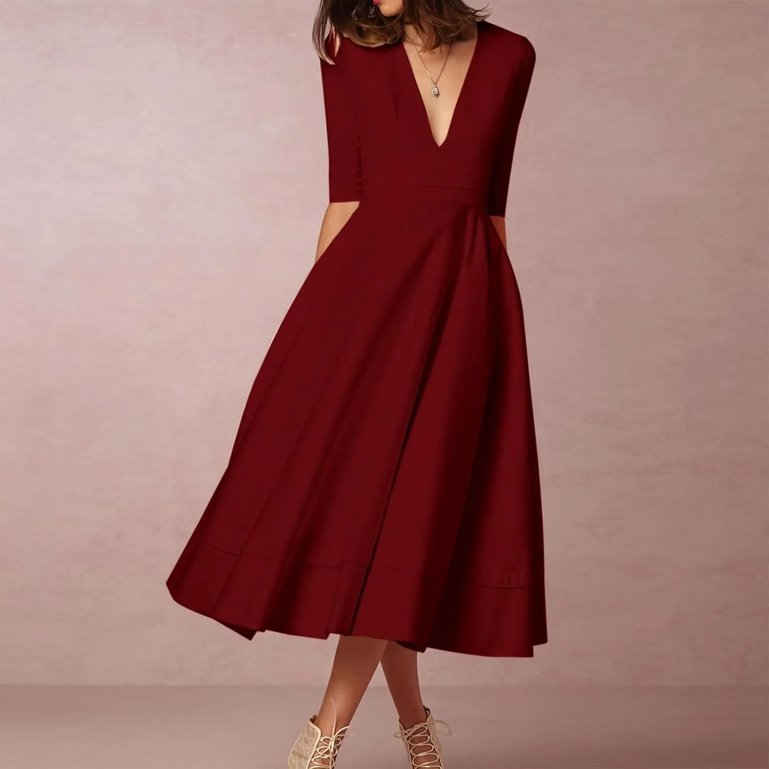 NaRHbrg Women's Sexy Deep V Neck Maxi Dress 3/4 Sleeve Ruched Evening Party Dress High Waist Flowy Wedding Guest Dresses