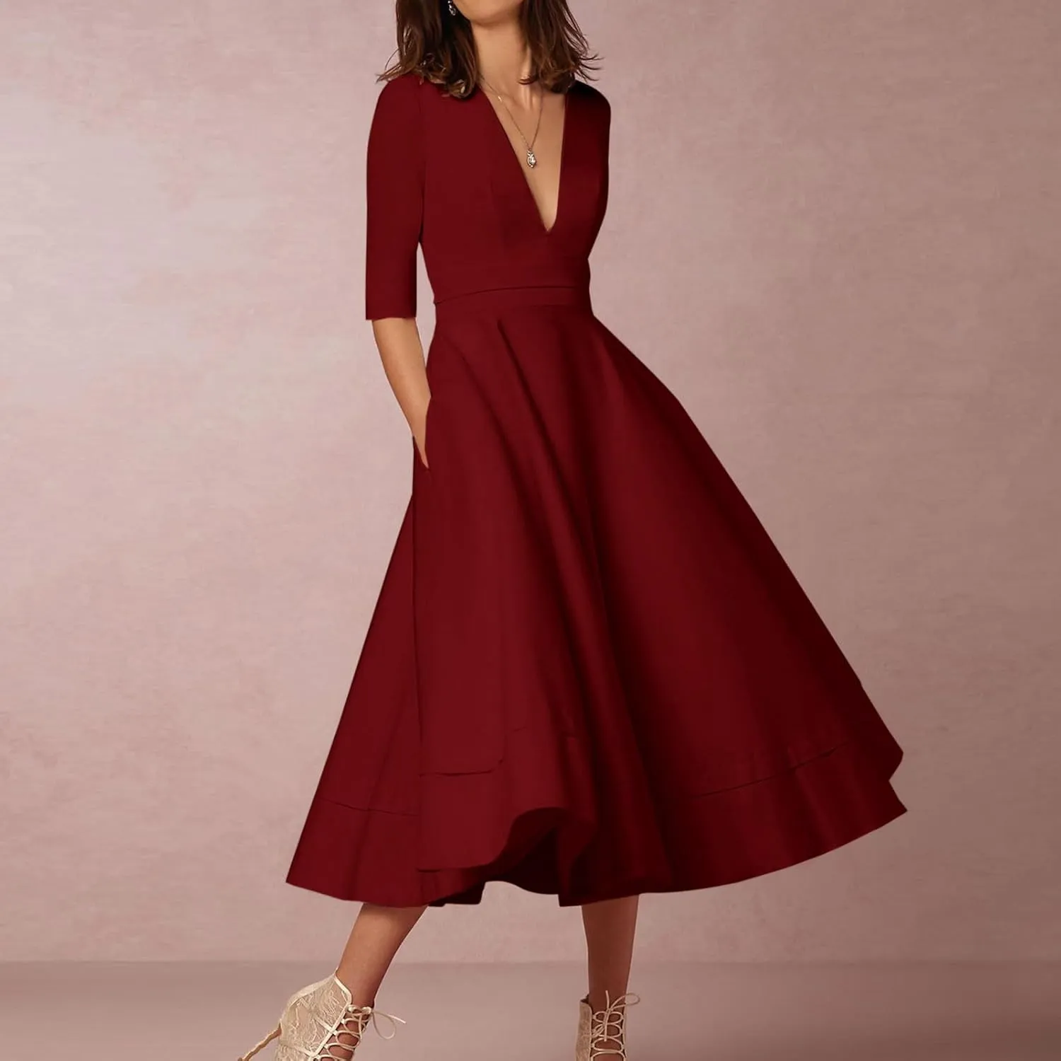 NaRHbrg Women's Sexy Deep V Neck Maxi Dress 3/4 Sleeve Ruched Evening Party Dress High Waist Flowy Wedding Guest Dresses