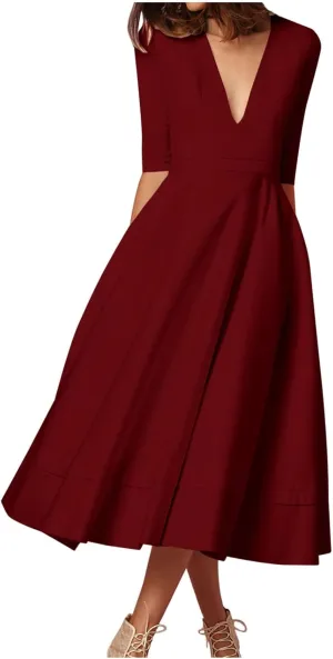NaRHbrg Women's Sexy Deep V Neck Maxi Dress 3/4 Sleeve Ruched Evening Party Dress High Waist Flowy Wedding Guest Dresses