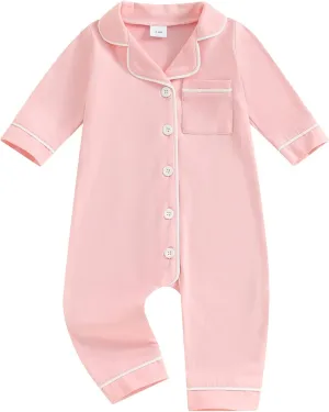 Newborn Baby Boy Girl Cotton Pajamas Romper Long Sleeve Button Down One Piece Jumpsuit Pjs Infant Lounge Sleepwears