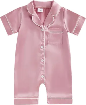 Newborn Baby Boy Girl Silk Pajamas Romper Shorts Sleeve Button Down Satin One Piece Onesie Pjs Infant Sleepwears