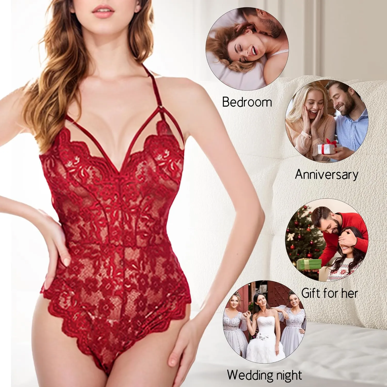 One Piece Lingerie Sexy Teddy Lingerie V Neck Floral Lace Harness Lingerie Bodysuit Snap Crotch Babydoll Nightgown for Women