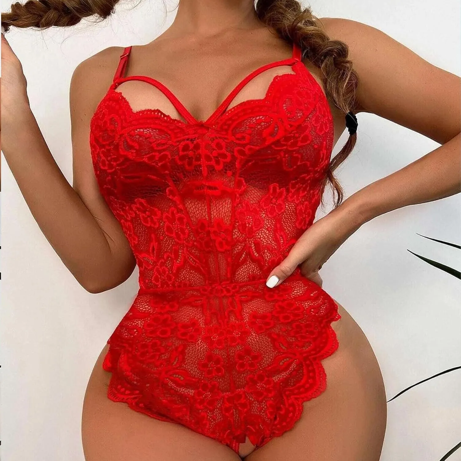 One Piece Lingerie Sexy Teddy Lingerie V Neck Floral Lace Harness Lingerie Bodysuit Snap Crotch Babydoll Nightgown for Women