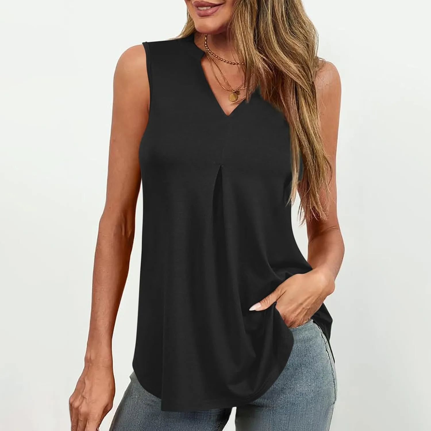 Oplxuo Women V Neck Pleated Tank Tops Trendy Dressy Sleeveless Shirts Casual Cute Blouses Solid Summer Tanks