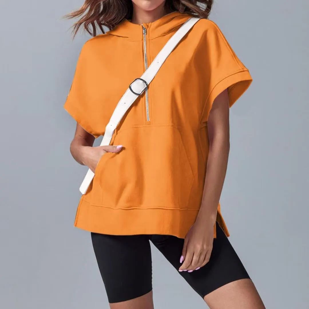 Oversized Hoodies for Women Short Sleeve Half zip Sweatshirt Fleece Loose Fit Pullover