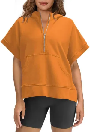 Oversized Hoodies for Women Short Sleeve Half zip Sweatshirt Fleece Loose Fit Pullover
