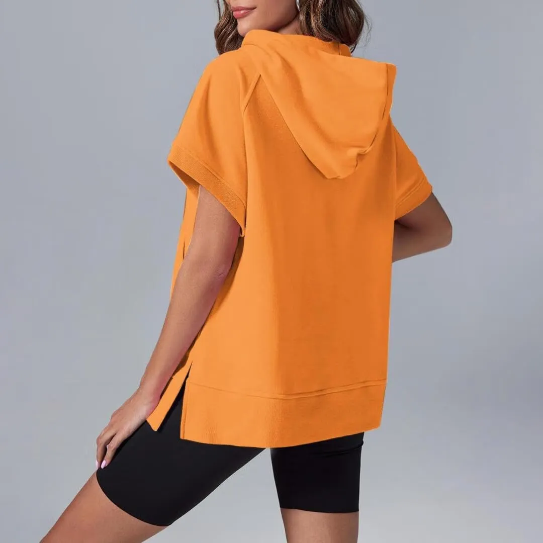 Oversized Hoodies for Women Short Sleeve Half zip Sweatshirt Fleece Loose Fit Pullover