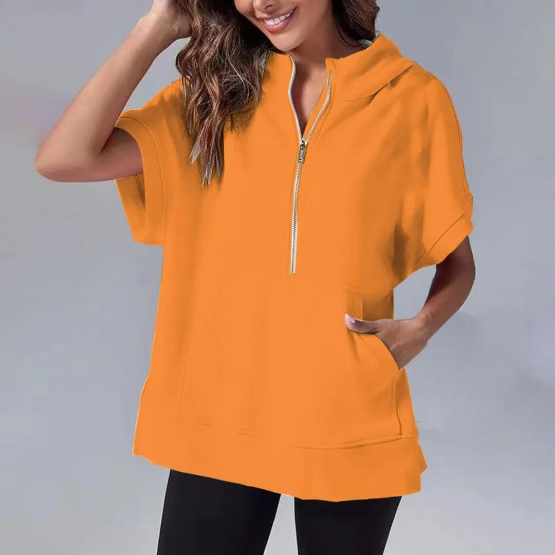 Oversized Hoodies for Women Short Sleeve Half zip Sweatshirt Fleece Loose Fit Pullover