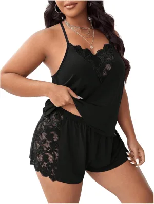 OYOANGLE Women's Plus Size 2 Piece Pajama Set Floral Lace Cami Tank Top and Shorts Set Sleepwear