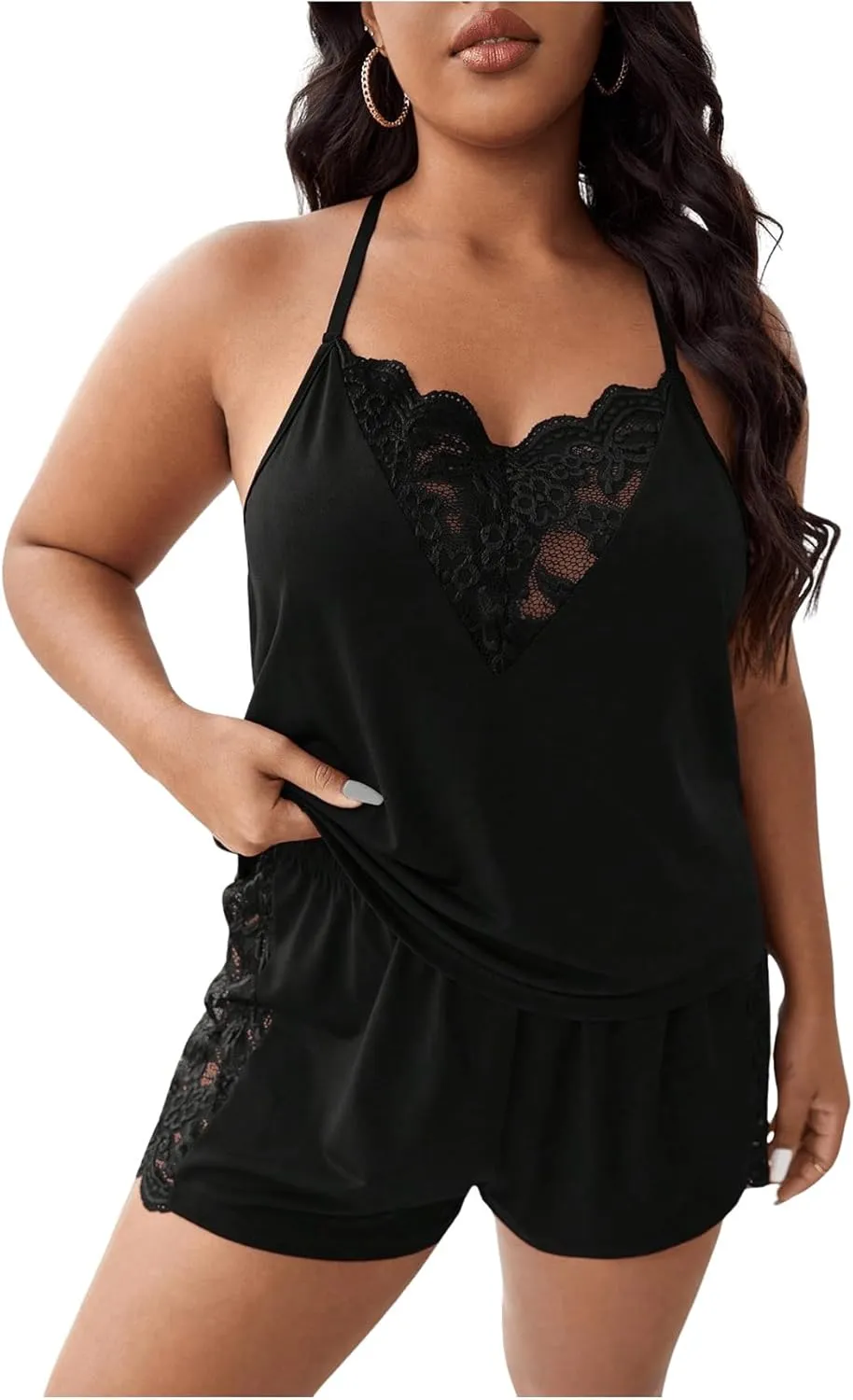OYOANGLE Women's Plus Size 2 Piece Pajama Set Floral Lace Cami Tank Top and Shorts Set Sleepwear