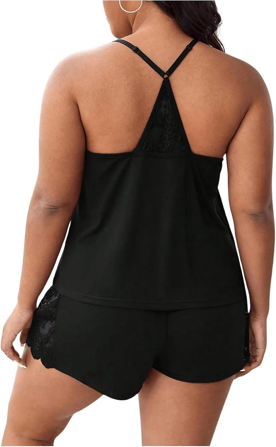 OYOANGLE Women's Plus Size 2 Piece Pajama Set Floral Lace Cami Tank Top and Shorts Set Sleepwear