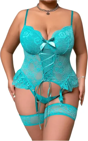 OYOANGLE Women's Plus Size Garter Lingerie Set Floral Lace Bow Knot Lace Up Babydoll and Thong Sets