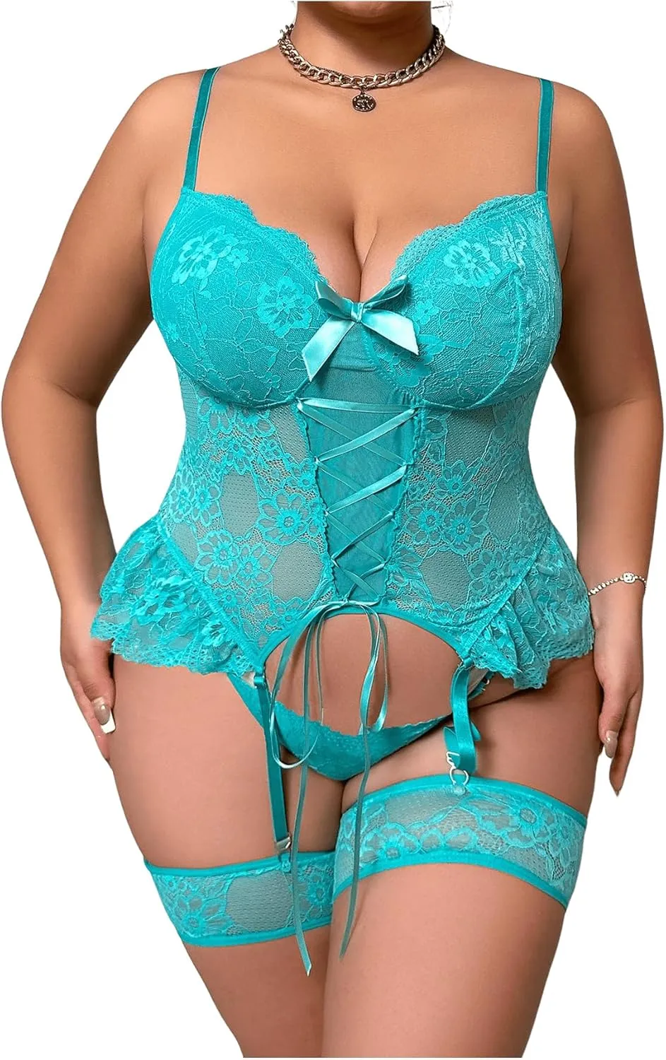 OYOANGLE Women's Plus Size Garter Lingerie Set Floral Lace Bow Knot Lace Up Babydoll and Thong Sets