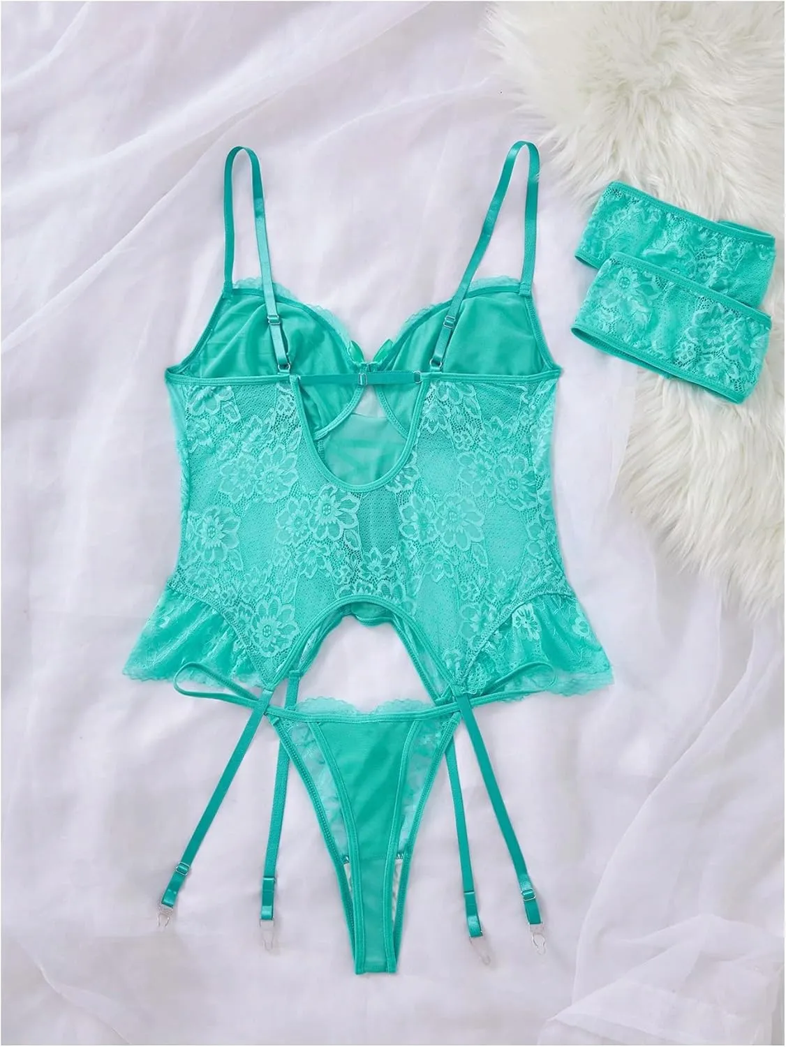 OYOANGLE Women's Plus Size Garter Lingerie Set Floral Lace Bow Knot Lace Up Babydoll and Thong Sets
