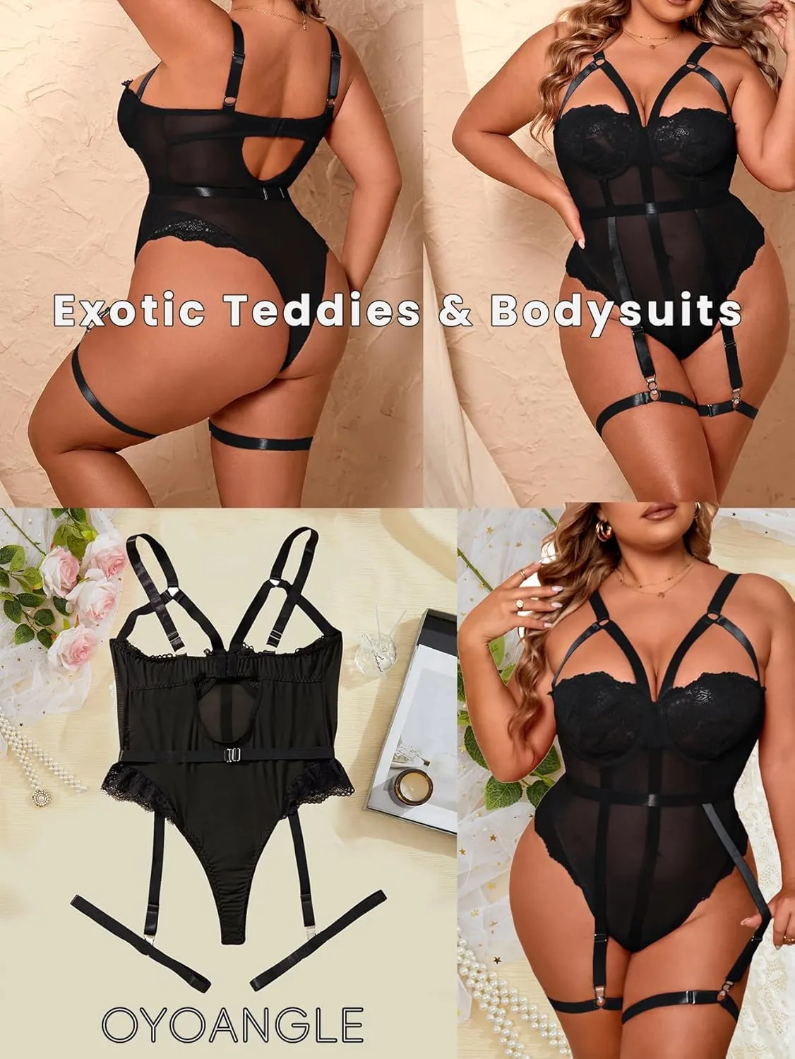 OYOANGLE Women's Plus Size Ring Linked Cut Out Sheer Mesh Teddy Bodysuit Garter Lingerie Set