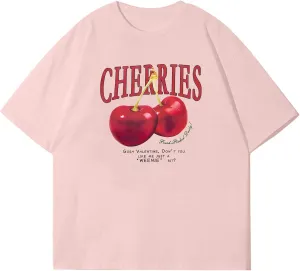 PAIRXLY Oversized Graphic Tees Vintage Cherry Fruit Shirt for Men Aesthetic Printed Unisex T Shirts Short Sleeve Casual Tops(Coral Pink,2XL)