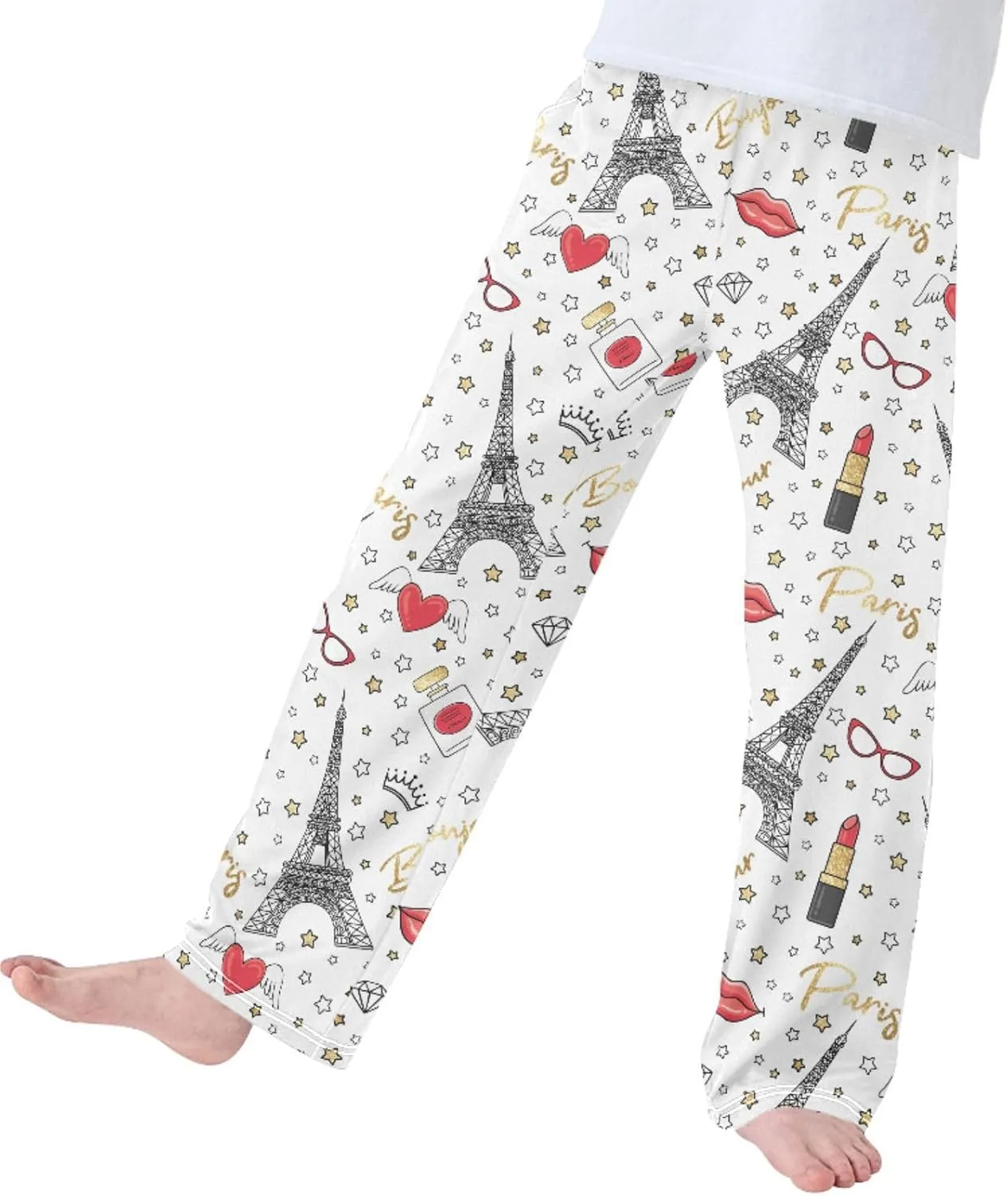 Pigsaly Boys' Pants Bonjour Paris Gold Glitter Long Bottoms Stars Crown Heart Jogger Pants Elastic Waist Trousers S