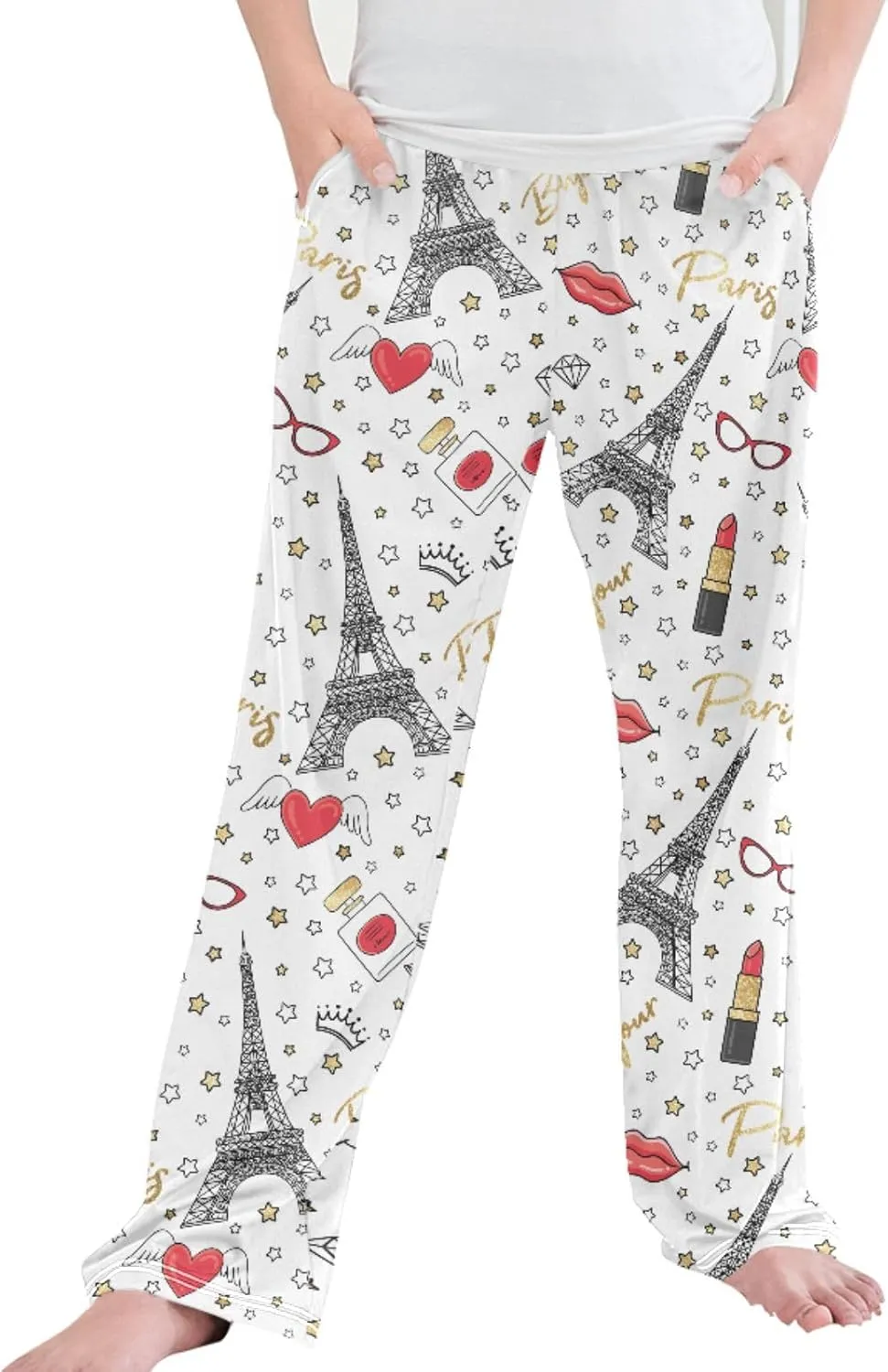 Pigsaly Boys' Pants Bonjour Paris Gold Glitter Long Bottoms Stars Crown Heart Jogger Pants Elastic Waist Trousers S