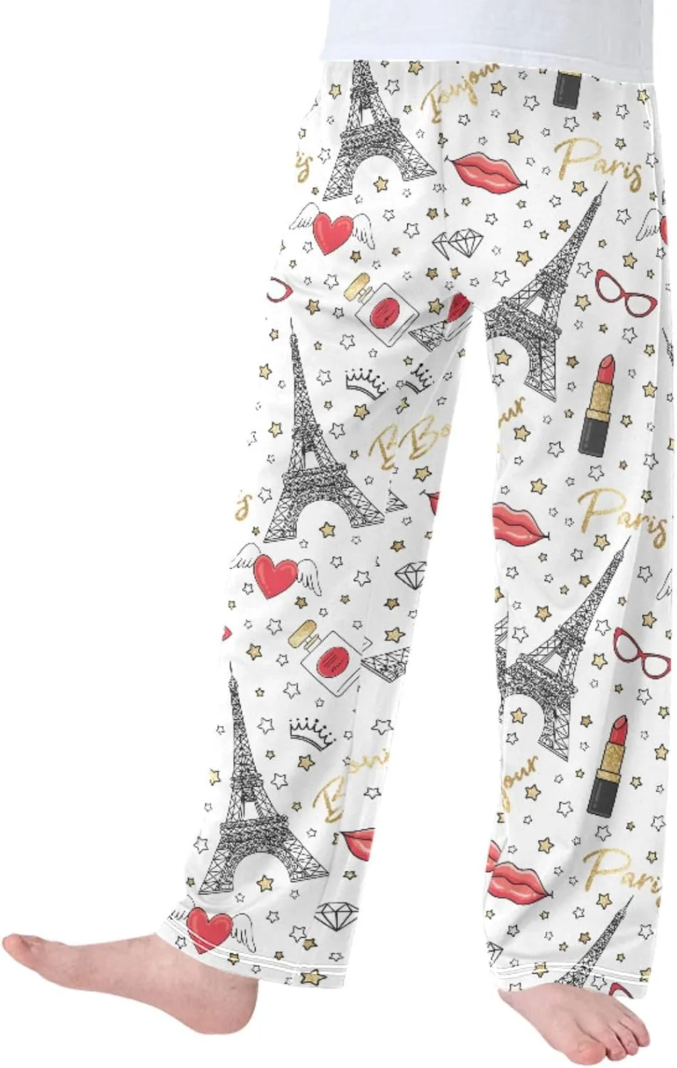 Pigsaly Boys' Pants Bonjour Paris Gold Glitter Long Bottoms Stars Crown Heart Jogger Pants Elastic Waist Trousers S