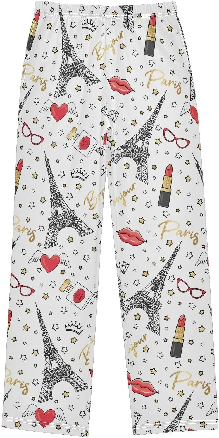 Pigsaly Boys' Pants Bonjour Paris Gold Glitter Long Bottoms Stars Crown Heart Jogger Pants Elastic Waist Trousers S