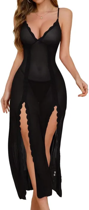 PITINAN Women Lingerie Lace Babydoll Chemise Sexy Mesh Nightdress V Neck Nightwear Side Split Nightgown S-XXL