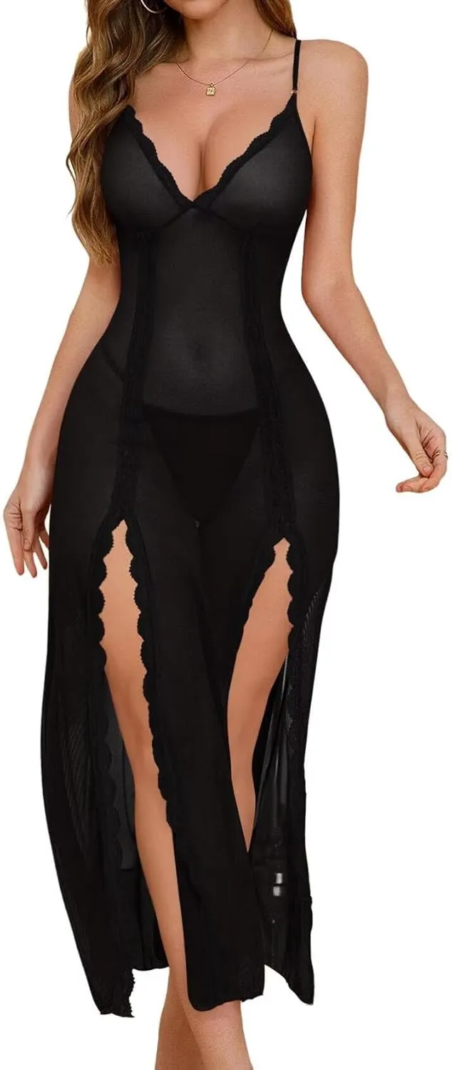 PITINAN Women Lingerie Lace Babydoll Chemise Sexy Mesh Nightdress V Neck Nightwear Side Split Nightgown S-XXL