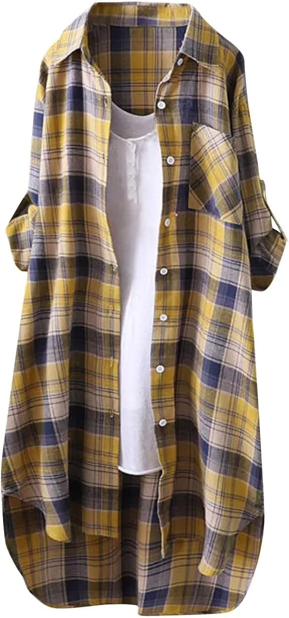 Plaid Shirts for Women 2025 Fashion Oversized Long Button Up Blouses Summer Beach Cover Up