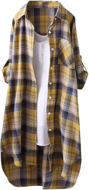 Plaid Shirts for Women 2025 Fashion Oversized Long Button Up Blouses Summer Beach Cover Up