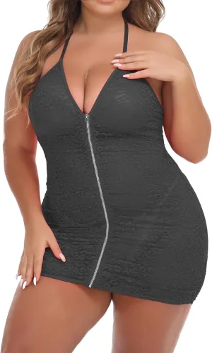 Plus Size Sheer Stretch Mesh Babydoll Dress Zipper Shirring Halter Chemise Curvy Sexy Lingerie for Women