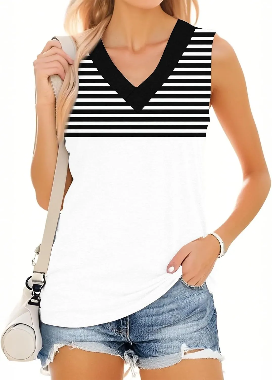 Plus Size Tank Tops for Women 2025 Summer Casual V Neck Camisole Sleeveless Striped Workout Tanks