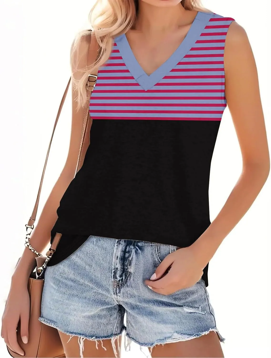 Plus Size Tank Tops for Women 2025 Summer Casual V Neck Camisole Sleeveless Striped Workout Tanks