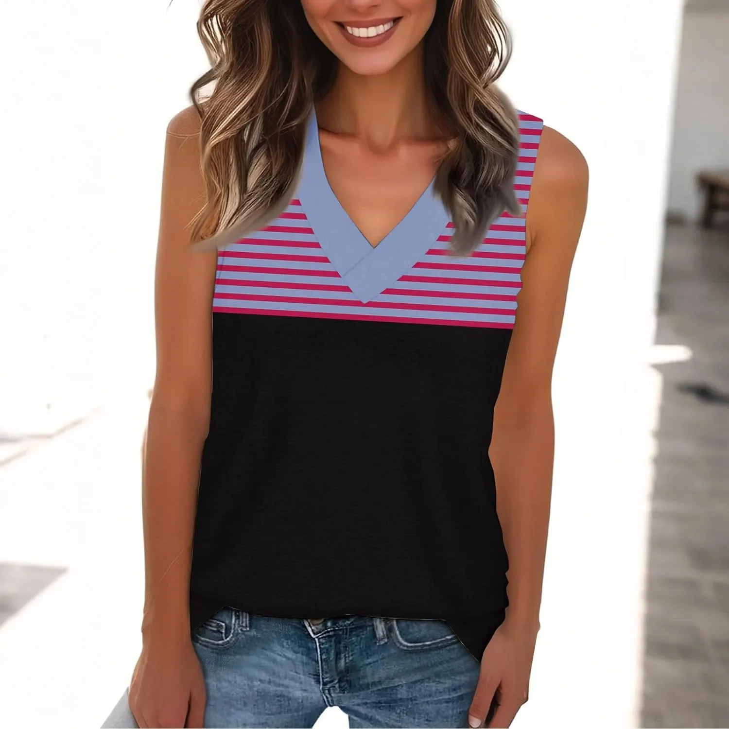 Plus Size Tank Tops for Women 2025 Summer Casual V Neck Camisole Sleeveless Striped Workout Tanks