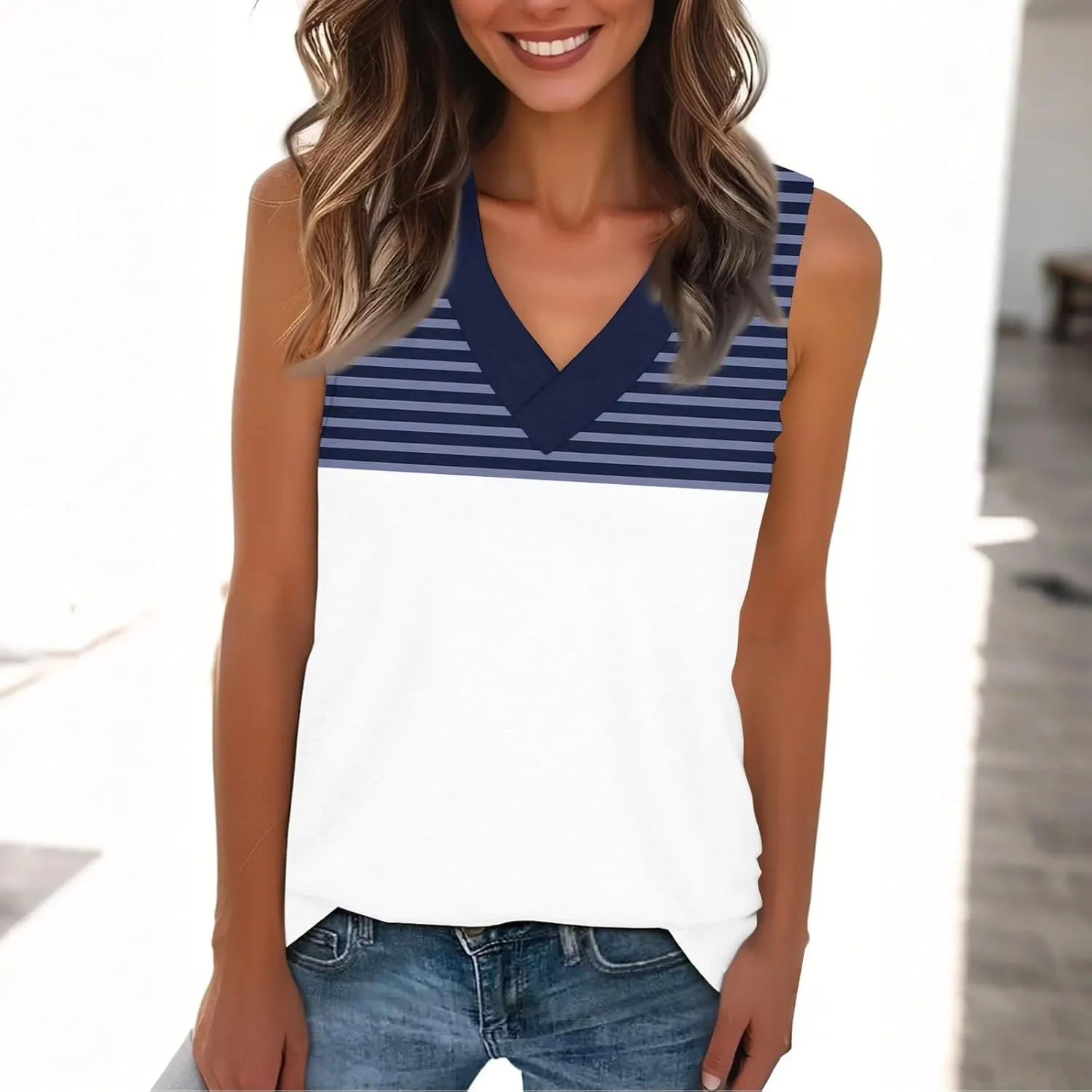 Plus Size Tank Tops for Women 2025 Summer Casual V Neck Camisole Sleeveless Striped Workout Tanks