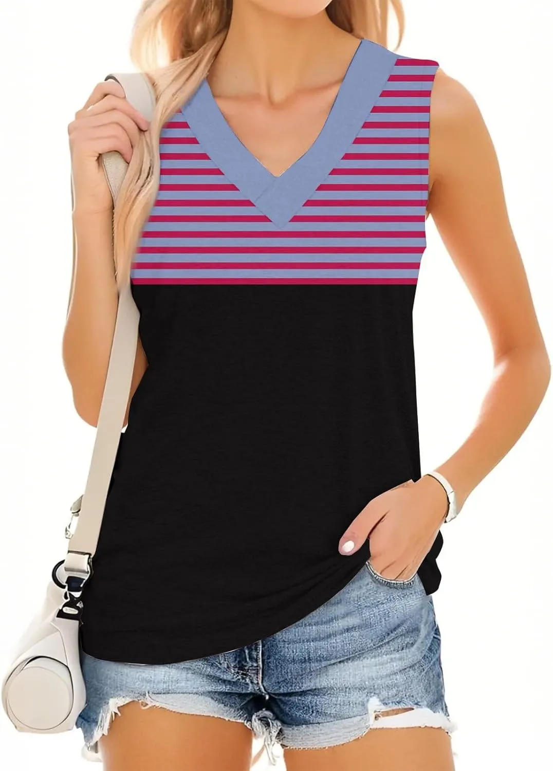 Plus Size Tank Tops for Women 2025 Summer Casual V Neck Camisole Sleeveless Striped Workout Tanks