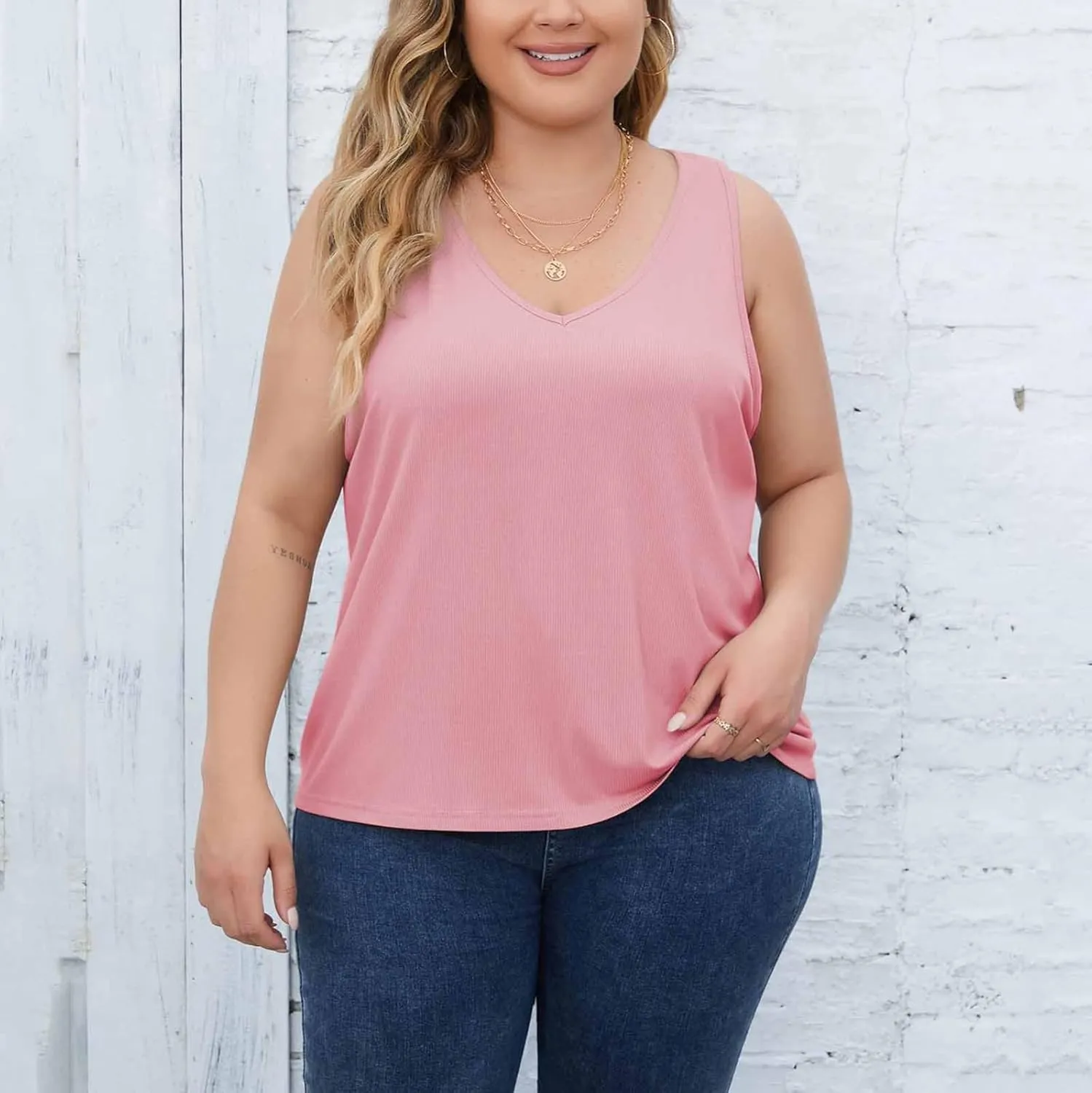 Plus Size Tank Tops for Women Ribbed V Neck Sleeveless Shirt Solid Color Oversized Basic Summer Casual Trendy Tanks