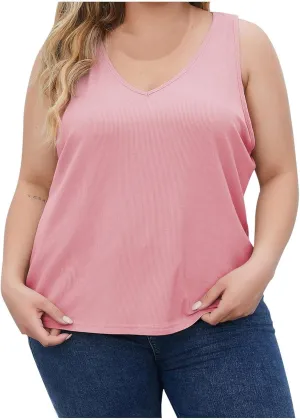 Plus Size Tank Tops for Women Ribbed V Neck Sleeveless Shirt Solid Color Oversized Basic Summer Casual Trendy Tanks