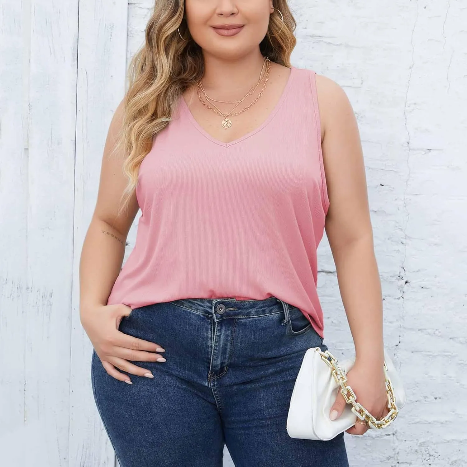 Plus Size Tank Tops for Women Ribbed V Neck Sleeveless Shirt Solid Color Oversized Basic Summer Casual Trendy Tanks