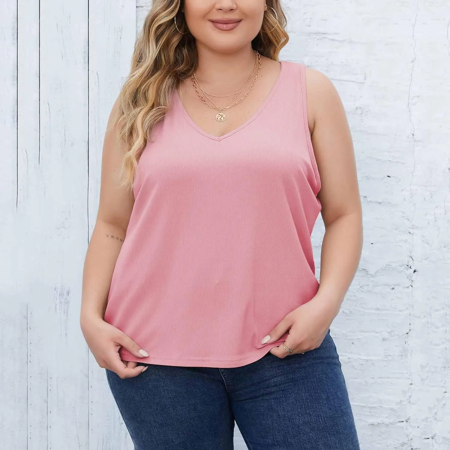 Plus Size Tank Tops for Women Ribbed V Neck Sleeveless Shirt Solid Color Oversized Basic Summer Casual Trendy Tanks