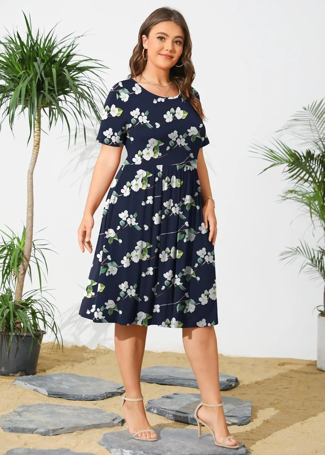 POSESHE Womens Plus Size Summer Dress 2025 Casual Short Sleeve Empire Waist Loose Fit Swing T-Shirt Dress with Pockets