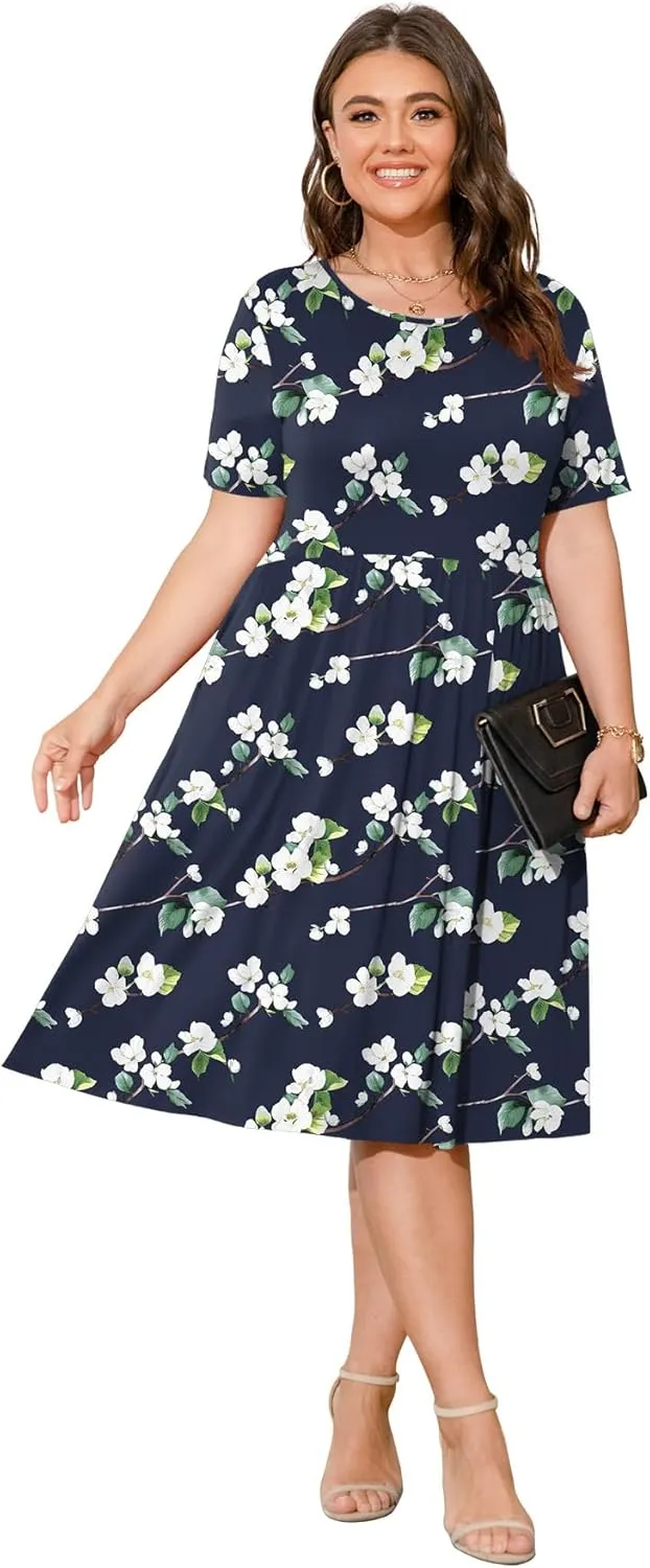POSESHE Womens Plus Size Summer Dress 2025 Casual Short Sleeve Empire Waist Loose Fit Swing T-Shirt Dress with Pockets