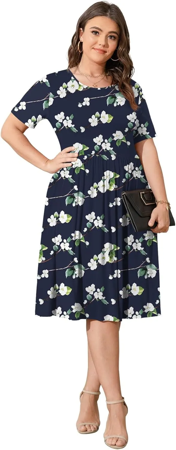 POSESHE Womens Plus Size Summer Dress 2025 Casual Short Sleeve Empire Waist Loose Fit Swing T-Shirt Dress with Pockets