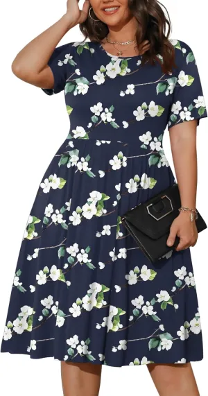 POSESHE Womens Plus Size Summer Dress 2025 Casual Short Sleeve Empire Waist Loose Fit Swing T-Shirt Dress with Pockets