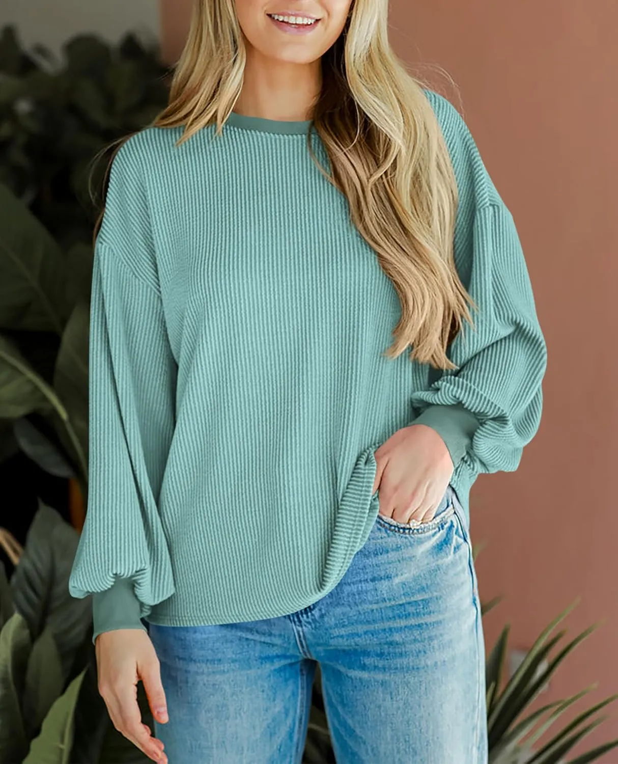 PRETTYGARDEN Women's Long Sleeve Tee Shirts Spring Fall Trendy Clothes Casual Loose Crewneck Ribbed Blouse Tunic Tops