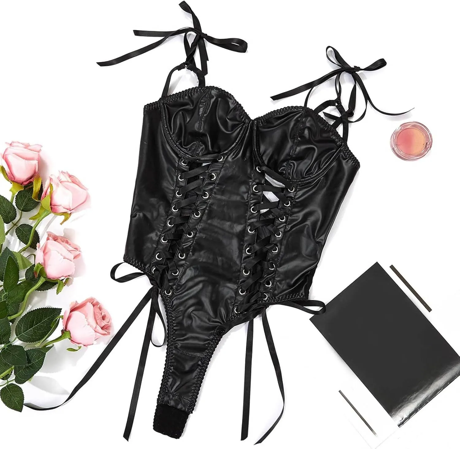 Pu Leather Lingerie Black Snap Crotch Bodysuit One Piece Leotard Halter Body Suit Top Valentines Day Lingerie Negligee